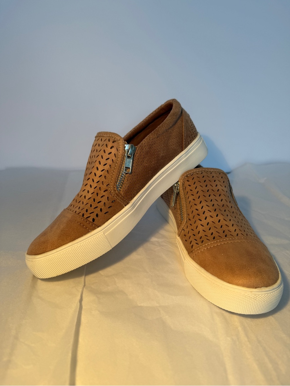 Report-Women's Tan Suede Perforated Slip-On Sneakers